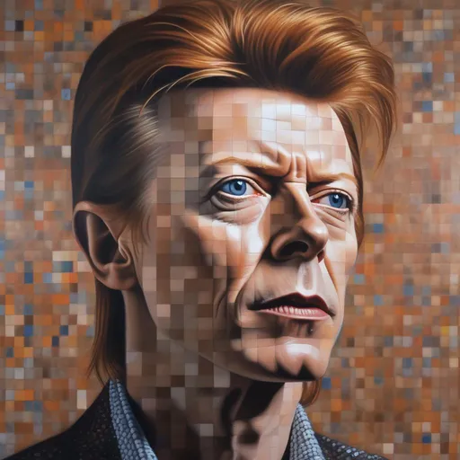 Prompt: a photo realist painting of david bowie in the style of chuck close, rule of thirds composition
