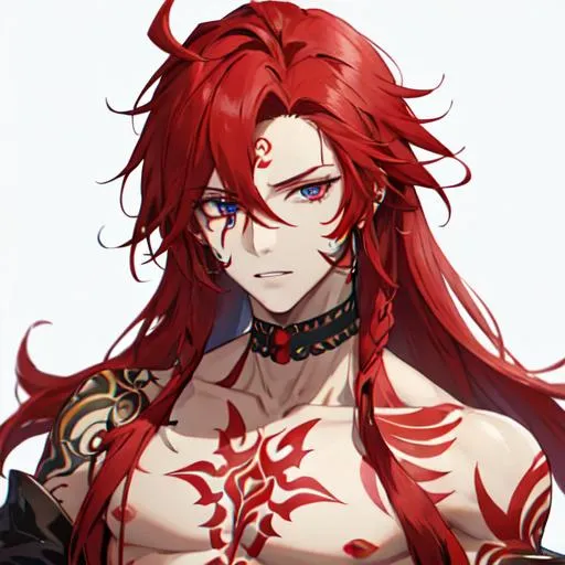 Prompt: Zerif 1male (Red hair covering his right eye) with tattoos

