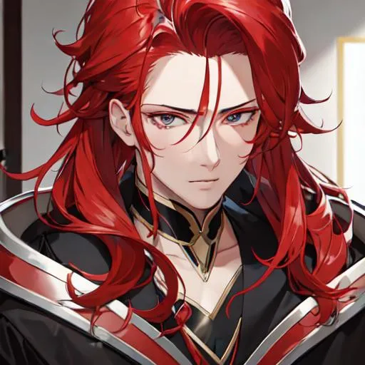 Prompt: Zerif 1male (Red side-swept hair covering his right eye) getting ready for his concert in the dressing room, nervous, taking a deep breath to calm his nerves UHD, 8K, highly detailed