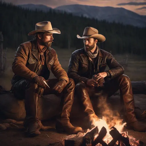 Prompt:  two cowboys with a short beard wearing leather pants, leather gloves, leather shirt, bandana, sitting at a campfire at dusk, smoking a cigarette, rugged western style, high quality, realistic, warm lighting, detailed textures, dramatic composition, classic cowboy