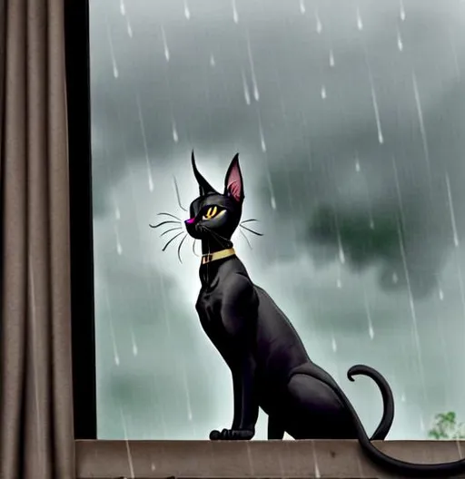 Prompt: A Black Sphinx Cat look out widow to see the rain coming down