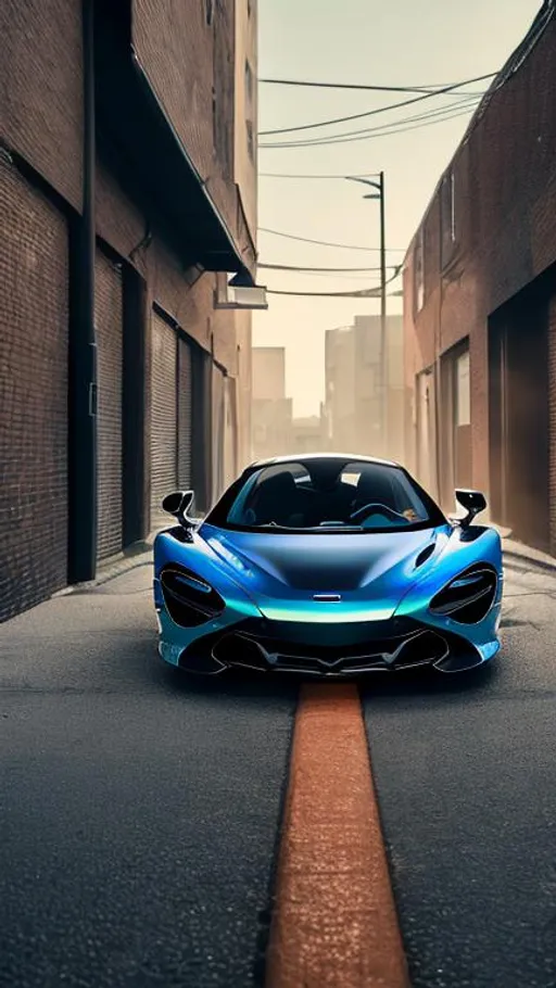 Prompt: McLaren 720s in light blue, in a dark forgotten trash filled alley way, no light coming in, with trash flying around, in the crack of dawn