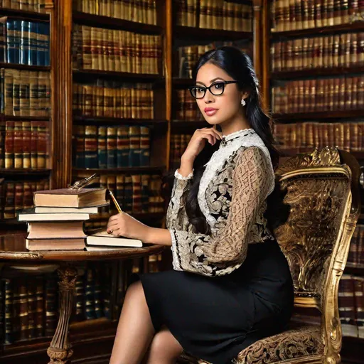 Prompt: RAW photo, pretty young Indonesian woman, 25 year old, (round face, high cheekbones, almond-shaped brown eyes, epicanthic fold, small delicate nose, long wavy black hair, glasses), perfect hourglass figure, brocade blouse, black pencil skirt, sitting on ornate chair, stack of books, library, masterpiece, intricate detail, hyper-realistic, photorealism, award–winning photograph, shot on Fujifilm XT3