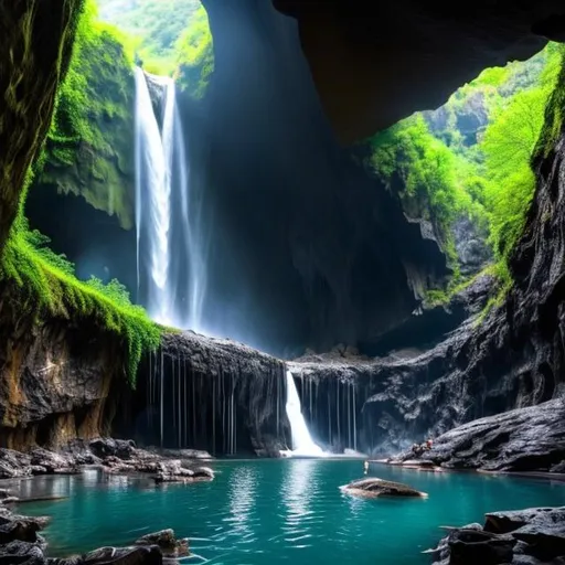 Prompt: a cave behind waterfalls. awesome wide range shot. hd.