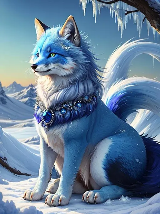 Prompt: (masterpiece, oil painting, professional, epic digital art, best quality:1.5), insanely beautiful ((fox)), female canine ((quadruped)), adolescent, deep billowing blue fur covered in frost, bashful hypnotic sapphire blue eyes, gorgeous 8k eyes, gorgeous silver mane covered in frost, (plump:2), ice elemental, finely detailed fur, hyper detailed fur, (soft silky insanely detailed fur), frozen waterfall, freezing rain, soft light, lying in frosted meadow, grassy field covered in frost, cool colors, cunning, symmetric, golden ratio, unreal engine, depth, volumetric lighting, rich oil medium, (brilliant auroras), (ice storm), full body focus, beautifully detailed background, cinematic, 64K, UHD, intricate detail, high quality, high detail, masterpiece, intricate facial detail, high quality, detailed face, intricate quality, intricate eye detail, highly detailed, high resolution scan, intricate detailed, highly detailed face, very detailed, high resolution