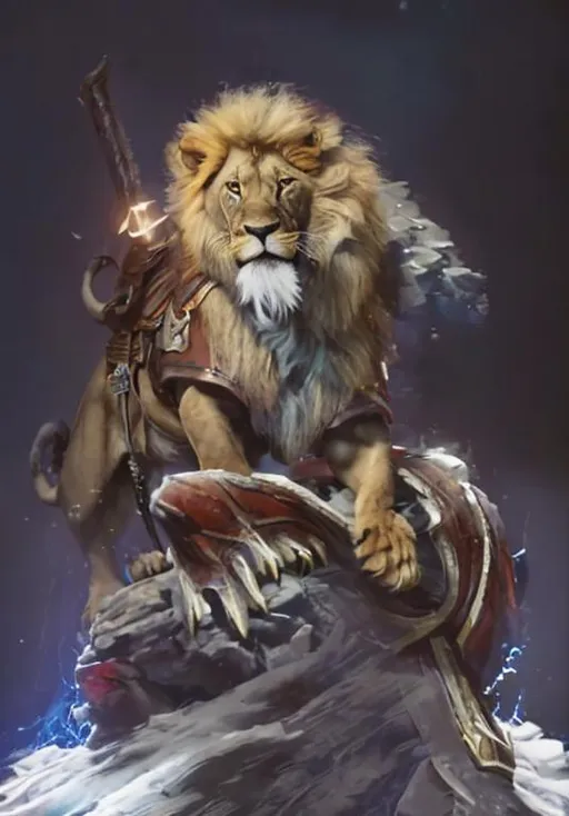 Prompt: Splash art of Photorealistic Bipedal Lion, crouching, long shot, Cinematic lighting, Blue Cloak around his shoulders, blue hand wraps, large bustersword from final fantasy on his back, 64k, trending on artstation, HDP