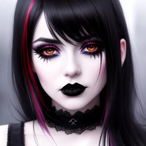 Prompt: 1 goth girl, hyperrealistic watercolor masterpiece, dark makeup, black lip stick, eyeliner, full fluffy black hair with red streaks,

at night, twilight, evening, outside, particles visible, light from behind, hyper realistic detailed lighting, hyper realistic shadows, dust visible, light fog, visible breath

hyperrealistic watercolor masterpiece, smooth soft skin, big dreamy eyes, beautiful fluffy volume colored hair with neon streaks bioluminescence, symmetrical, anime wide eyes, soft lighting, detailed face, wlop, rossdraws, concept art, digital painting, looking into camera

hyper realistic masterpiece, highly contrast water color pastel mix, sharp focus, digital painting, pastel mix art, digital art, clean art, professional, contrast color, contrast, colorful, rich deep color, studio lighting, dynamic light, deliberate, concept art, highly contrast light, strong back light, hyper detailed, super detailed, render, CGI winning award, hyper realistic, ultra realistic, UHD, HDR, 64K, RPG, inspired by wlop, UHD render, HDR render