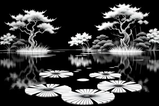 Prompt: japanese pond negative black and white Speedpaint with large brush strokes by, paint splatter, white ink, splash art, masterpiece, 8k resolution, artstation, curious, terrifying, highly detailed and intricate, 8k eyes, highly detailed eyes