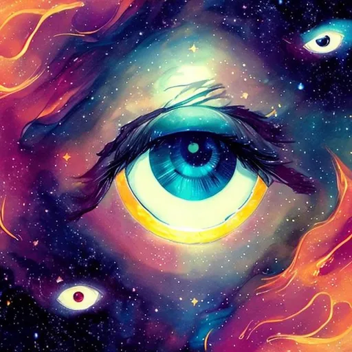 Prompt: girl one eye is the sun and the other eye is space