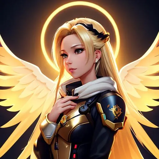 Prompt: Overwatch Mercy, Beautiful, cute, long flowing blonde hair, ultra fine detail, ambient lighting, dramatic lighting, beach, side portrait, girly dress, 4k, 16k, golden halo floating over head, person looking tilting head to camera, wings, witch outfit, cute outfit