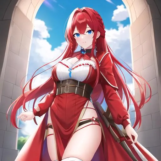 Prompt: Haley 1female (braided red hair pulled back, lively blue eyes), highly detailed face, 8K, UHD, wearing a red riding hood outfit