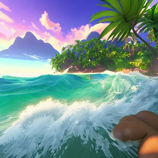 Prompt: I want to make a T-Shirt design that is 8" x8", Make a hyper-realistic picture of a tropical coastline with waves headed to the shore, 3 palm trees bending gently towards the water, A mountain in the background with lush green foliage. make the beach wider and the waves more gentle