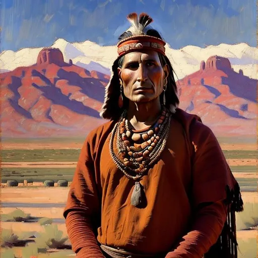 Prompt: High quality, finely detailed Renaissance style oil painting of Taos Pueblan Indian in formal dress circa 1910 in the style of Maynard Dixon 