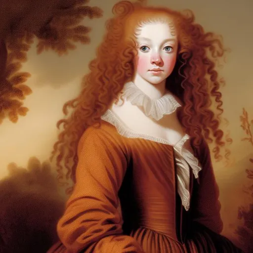 Prompt: Young woman in 18th century,red curly long hair with amber eyes, pale skin, with freckes, chubby face
Dressed with 1760 gown
 