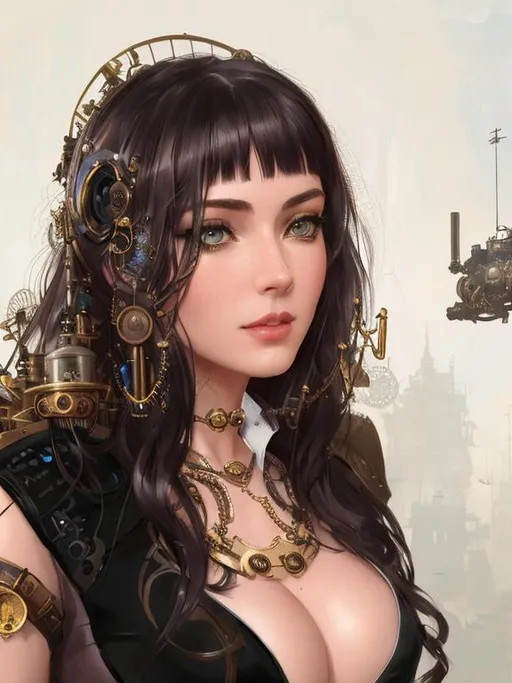 Prompt: Professional painting of a beautiful steampunk woman, steampunk outfit and accessories, brass robotic hands, hyperrealism, photorealistic, 8k, unreal engine --ar 9:16 --niji 5 --style expressive --s 400, by Jeremy Mann, Rutkowski, and other Artstation illustrators, intricate details, face, full body portrait, headshot, illustration, UHD, 4K