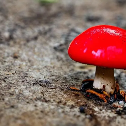 Prompt: Mushroom with blood dripping off of it into a puddle of blood