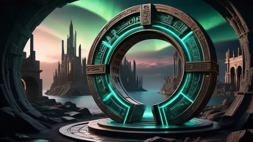 Prompt: magical portal between cities realms worlds kingdoms, circular portal, ring standing on edge, upright ring, freestanding ring, hieroglyphs on ring, complete ring, ancient roman architecture, atlantis setting, aurora borealis, panoramic view, dark night, futuristic cyberpunk tech-noir setting