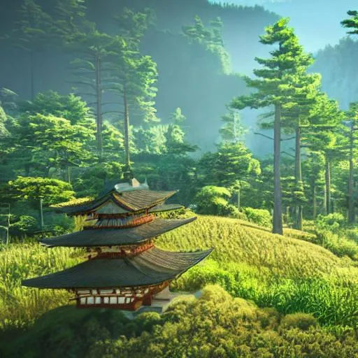 Prompt: Hyper realistic image of forest valley, anime, warm feeling, sunny day, samurai temples, misty forest setting, mountains in back ground, 8k, hyper realistic, unreal engine 5 