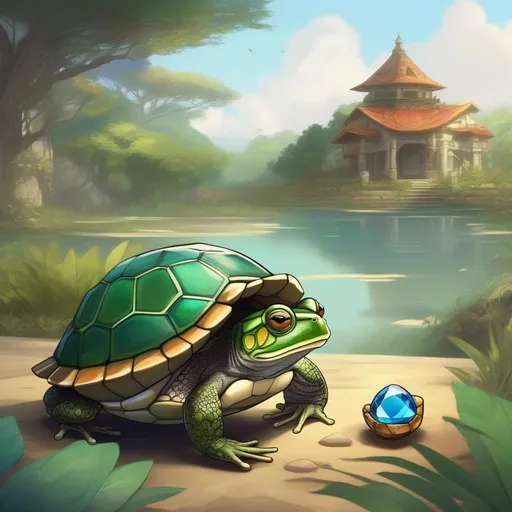 Prompt: a fusion between a frog and a turtle, with a gemstone embedded in its shell, a detailed savannah background, RPG art, Anime art, 2D art, 2D, majestic