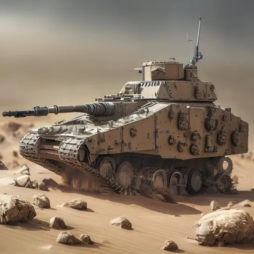 Prompt: desert, tracked vehicle, army tank, ball turret machine guns