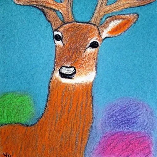 Prompt: deer drawn by a 6 year old, pastels

