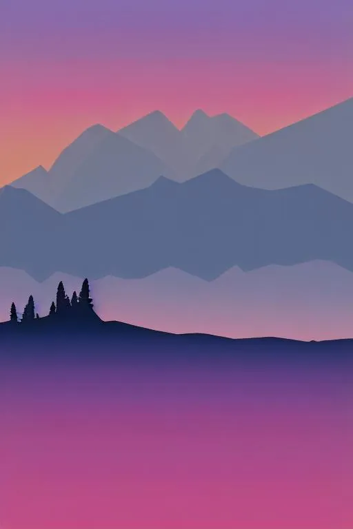 Prompt: Multiple layers of silhouette {mountain}, with silhouette of {trees}, sharp edges, at sunset, with heavy fog in air, vector style, horizon silhouette Landscape wallpaper by Alena Aenami, firewatch game style, vector style background