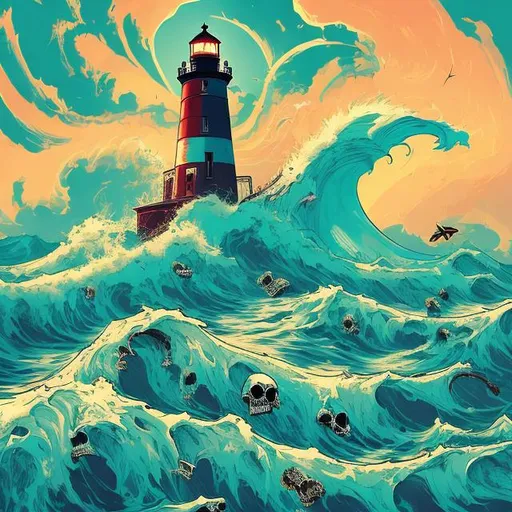 Prompt: The hurricane's fury reveals buried skulls of dead pirates. As waves rage, surfboards are lost in the chaos. The lighthouse's beam fights the storm, creating a haunting spectacle of nature's power in a graphic tee shirt style