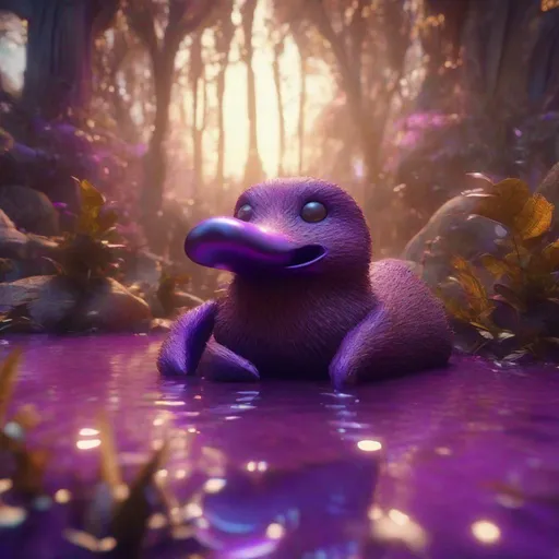 Prompt: Enchanted purple and brown platypus in the Fairyland Forest, Enchanting, Chic Modernist, Furry, close-up, textured, Faded, game icon, brilliant colors, surrealism, golden hour sun lighting, Hyperrealistic textures, intricate details, architectural visualization, Corona render, 8k