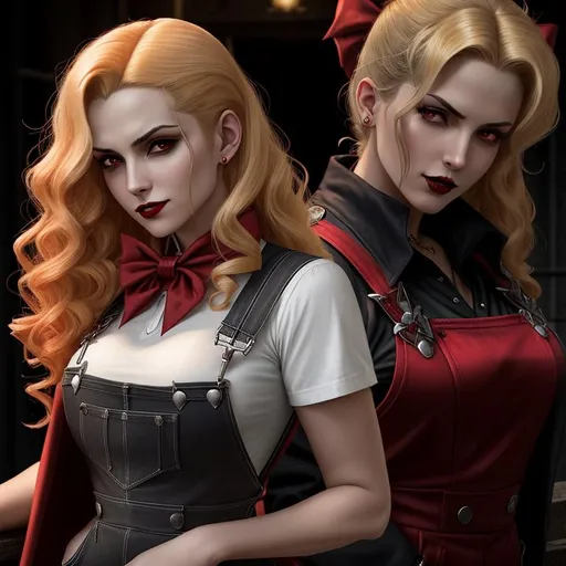 Prompt: Female vampire inspired by Alucard from Hellsing, Clan Gangrel, her fingertips end in claws, 1950's riveter, wearing overalls and work clothes, ({short curly blonde hair} with red highlights), she is wearing a bandana, she is looking down at the viewer, vampire the masquerade, detailed symmetrical face, attractive face, full body picture, vicious grin showing slightly pointy teeth, side eye, cyberpunk night time style background, well lit by street lights, vampire, 