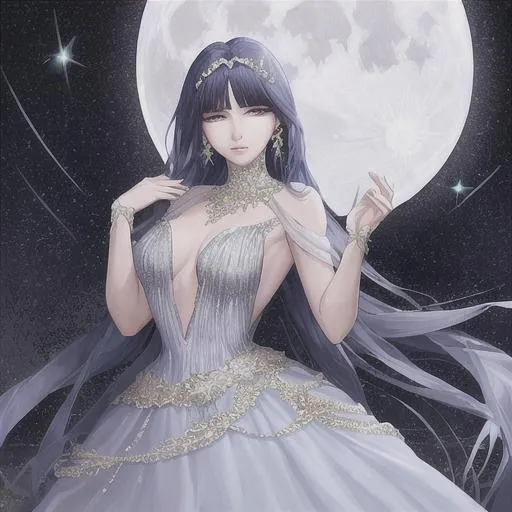 Prompt: The moon as a beautiful lady with her starry dress. 