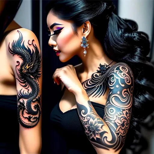 Prompt: Generate a captivating tattoo design that combines elements of fantasy and allure. The centerpiece of the tattoo should be a magnificent dragon, exuding strength and grace, with intricate details that bring it to life. The dragon should be positioned to interact with a stunning female character who possesses an air of mystique. This female should have long flowing hair, a confident yet alluring expression, and captivating purple eyes that shine with a hint of magic.

Surrounding the dragon and the female figure, incorporate the presence of a stealthy ninja, evoking a sense of mystery and skill. The ninja should be depicted in a dynamic pose, demonstrating their agility and prowess. Their attire should be stylish, blending traditional elements with a touch of modern flair.

To enhance the magical ambiance of the tattoo, incorporate powerful and enchanting symbols of ancient magic. These symbols should emanate energy and serve as a testament to the mystical abilities possessed by the dragon, the female, and the ninja.

The color palette should be rich and vibrant, with deep shades of purples, blues, and blacks, contrasting with splashes of gold and silver to accentuate the magical elements. The tattoo should convey a sense of sensuality and allure, while also capturing the essence of strength and empowerment.

Feel free to explore variations and artistic interpretations, incorporating your unique style and creativity. The final design should be a mesmerizing fusion of fantasy, beauty, and intrigue.