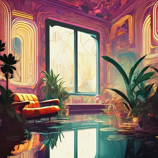 Prompt: Sven, DJ, Swedish, Blonde, Beard, house plants, sunglasses, poncho, turtleneck, anime, psychedelic colors, Danish modern furniture, desktop background, gold, deep house music, baroque, Victorian, mirrors, reflections on water, the future, futuristic, vibes
