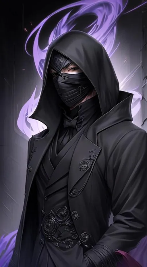 Prompt: An art of a male anime character, wearing a black long coat, with a mysterious yet cool looking mask hiding his face, looks like an aristocrat but with the personality of an assassin, have a dark aura surrounding him.