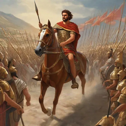 Prompt: Philip of Macedonia on horse. Leading a phalanx. In background a ancient Greek army. Rpg art. 2d art. 2d. Well draw face. Detailed. 