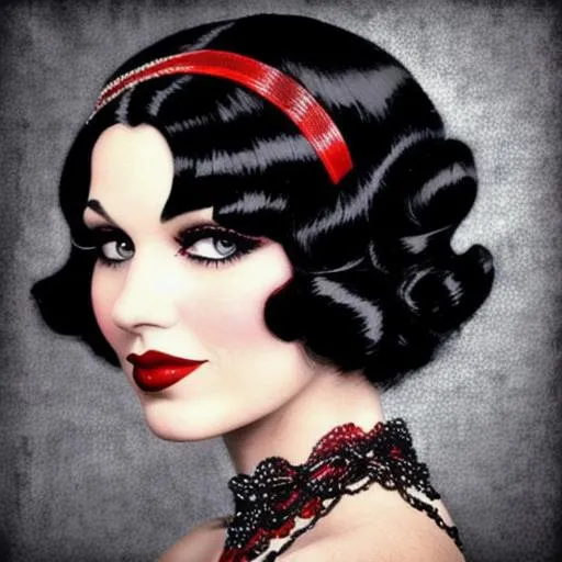 Prompt: 20's fashionable  flapper girl,black finger curl hair, red lips, facial closeup
