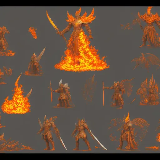 Prompt: pixelart, multiple angles of celtic guardion of flame sworded knight, no background, concept art, character sheet, trending on artstation, digital illustration, angeled side view, concept art, front view, back, view, side view