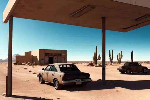 Prompt: 8k, ultra-realistic, UHD, abandoned gas station in the desert, cacti across landscape, desert scene, sun shining down