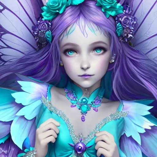 Prompt: fairy goddess wearing a dress with aqua blue and purple colors, closeup