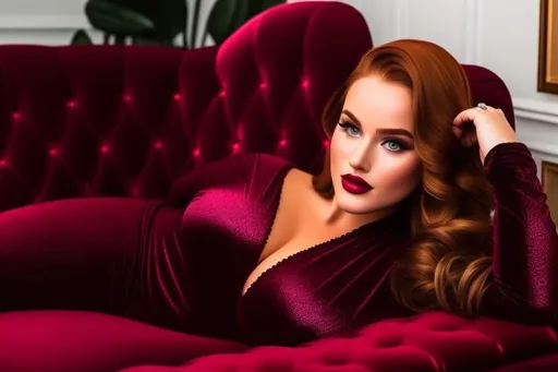 Prompt: Glamour vignette shot photo, full body of a woman who resembles Madelaine Petsch with blue eyes, smooth soft skin, laying back on her Burgundy Samuel Tufted Roll Arm Chaise Lounge, comfortably looking into the camera, fine textured shiny wavy hair, centered in frame, symmetrical face, bbw, perfect body, 85mm lens, f8, photography, ultra details, HQ, 8K, soft light, dim blurry background, photo, lit by candlelight 
