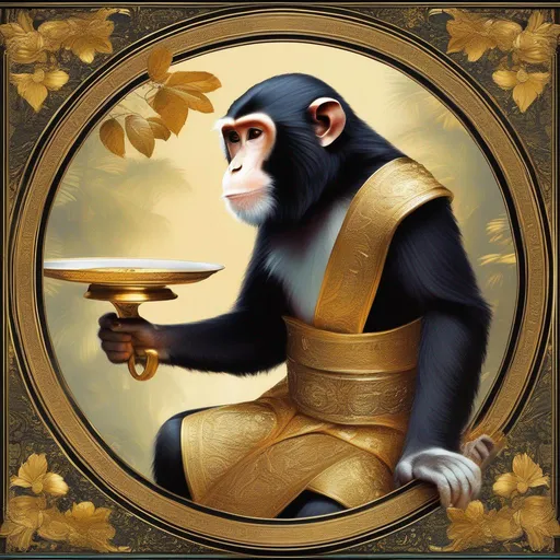 Prompt: fantasy art. a Monkey Servant holding a golden plate over his head. long tail, 