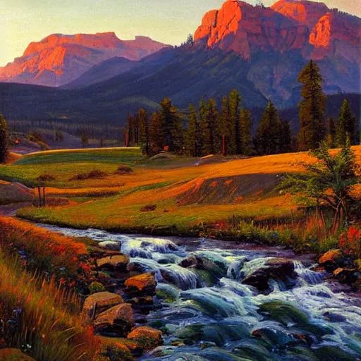 Prompt: A detailed montana landscape at sunset with a stream in the style of Peder Mork Monsted