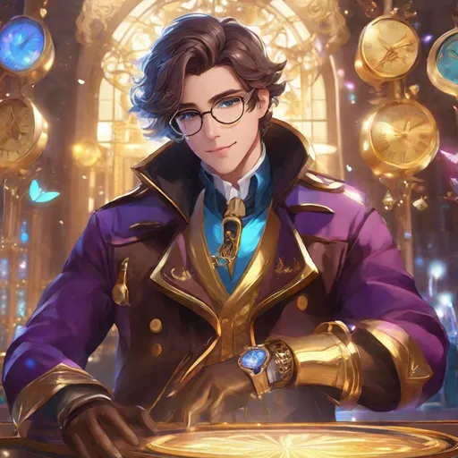 Prompt: Third person, feminine adult male, close-up, gameplay, alone, high quality, warm smile, scientist, magical boy with shoulder length wavy hair, open bright purple eyes, extravagant ((brown coat)) with gold trim, light-blue undershirt, magical boy outfit with diamond motif, glasses, gold timepiece on wrist, gloves, cool atmosphere, sci-fi laboratory with high bookshelves and a giant window, island, Studio Ghibli, Sailor Moon, extremely detailed print by Hayao Miyazaki, 