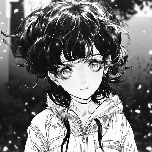Prompt: girl, black ruffled hair, bright yellow eyes with multiple rings within them with bags underneath, a dazed and tired expression, and teeth are noticeably sharp and angular., manga style, coloured,

