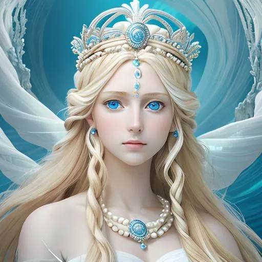 Prompt: A very beautiful sea goddess with long blonde hair, blue eyes, wearing a white dress typical of ancient Greek goddesses, wearing a large crown, with many pearl accessories attached to her hair
