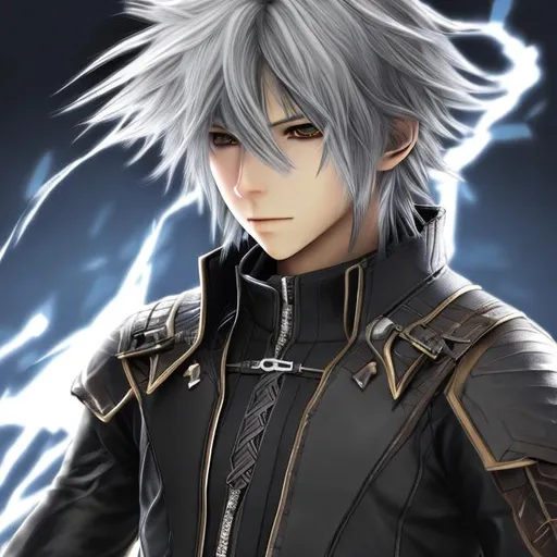 Prompt: single character fire emblem themed lightning sage
white hair brown eyes clothes like noctis. slight medevial theme incorporated
