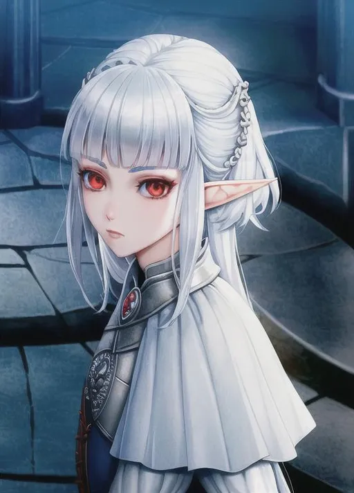 Prompt: Female with silver hair, portrait, elf, red eyes, 4k, hyperrealisitic, royal princess, berserk, game of thrones, small chest,