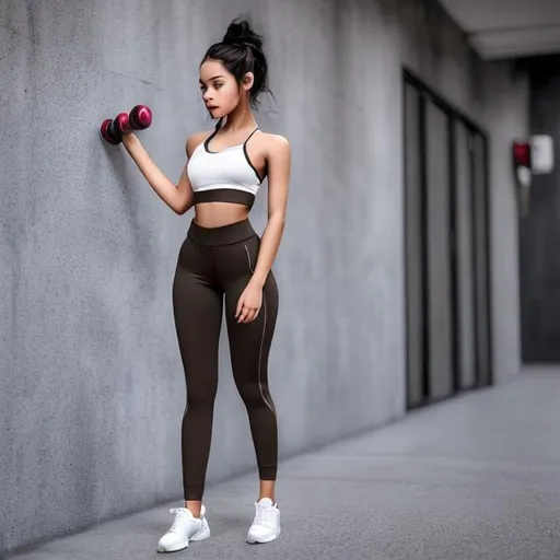 Prompt: An attractive young lady wearing gym outfit full gym pants inside a gym small waist slightly visible ribs curvy hips posing in an elegant way long black hair tied up cute expressions hd 3d art hyper realistic art modern girl attractive looks whitish brown skin tone