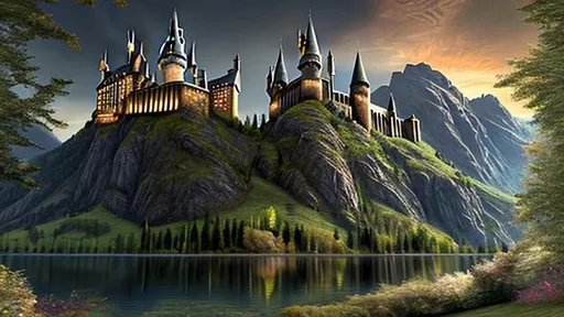 Prompt: Create a hillside lakeside image with the Hogwarts Castle on the middle right