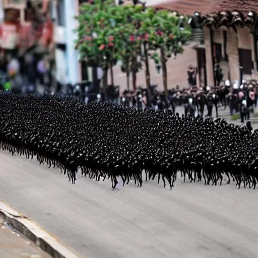 Prompt: Photo realistic army of black ants , marching down a street towards a statue of a large ant  eater