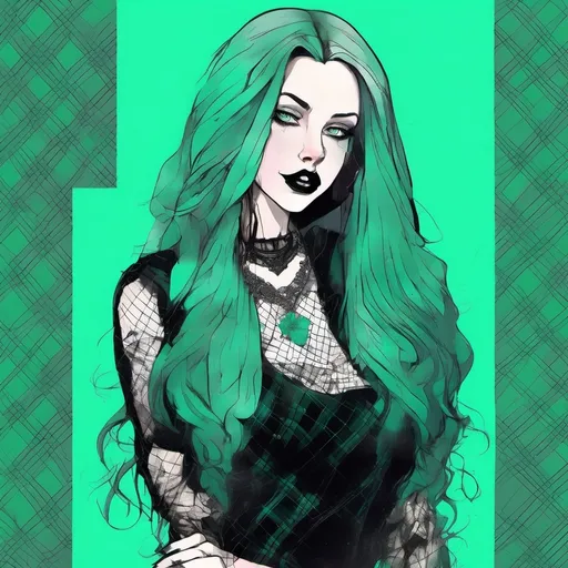 Prompt: a beautiful goth girl with [teal and black, long hair], [green eyes], [black lips], [pale skin] and [piercings], wearing a [teal and black tartan skirt] and a [black mesh top]